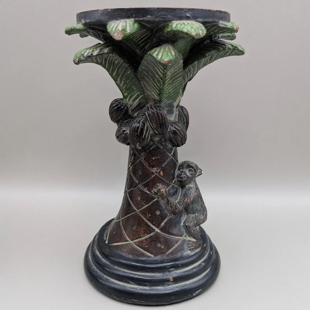 Vintage Style Monkey Palm Tree‎ Coconuts Pillar Candle Stands Holders - Set of 2